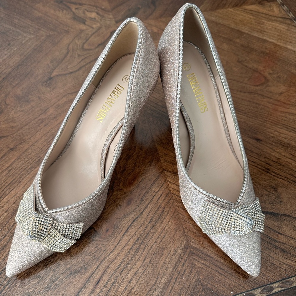 Dream Pairs Glittering Beige Heels with Rhinestone Bow